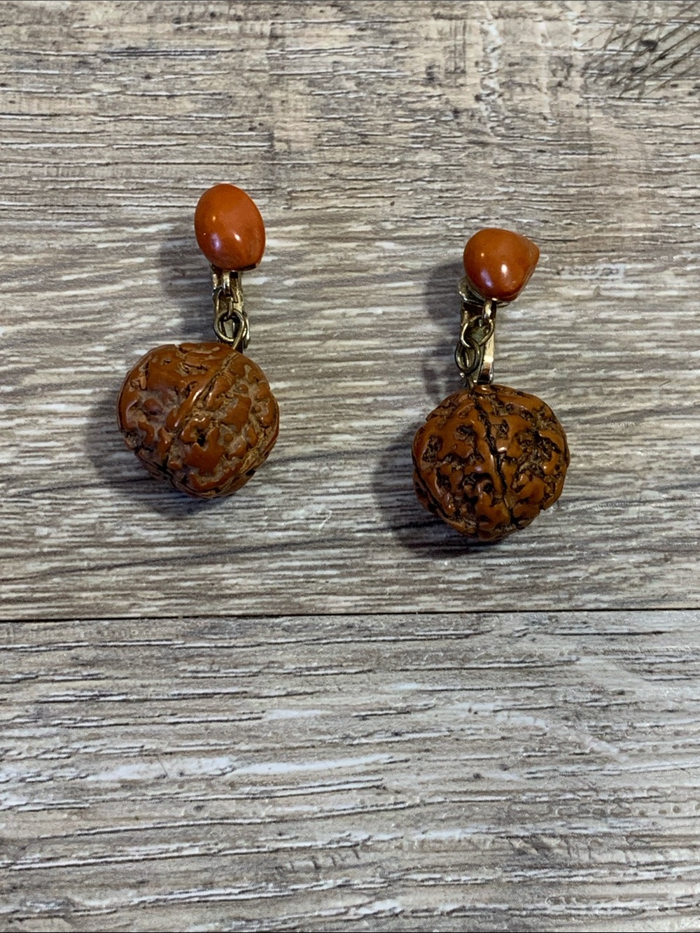 Vintage Handcrafted Brown Bead Drop Clip-On Earrings
